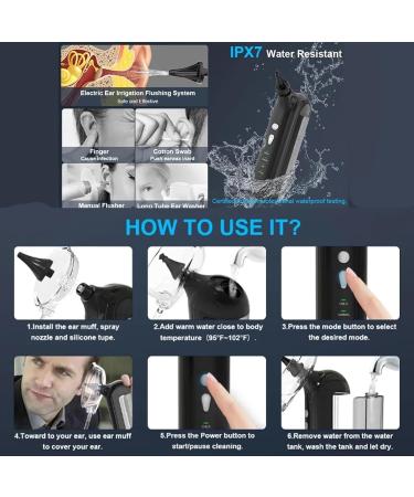Electric Ear Wax Cleaner for Adults 4 Pressure Modes IPX7 Waterproof Dual Nozzles Portable Ear Irrigator Black - Buy Online on GoSupps.com