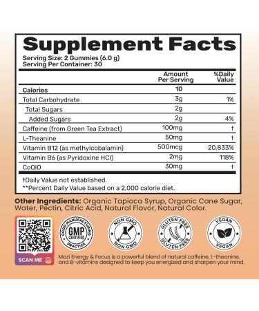 Energy & Focus Gummies | 100mg Natural Caffeine + L-Theanine + Vitamin B6 & B12 + CoQ10 | Nootropic Cognitive Brain Performance Supplement | No Crash or Jitters - Buy Online on GoSupps.com