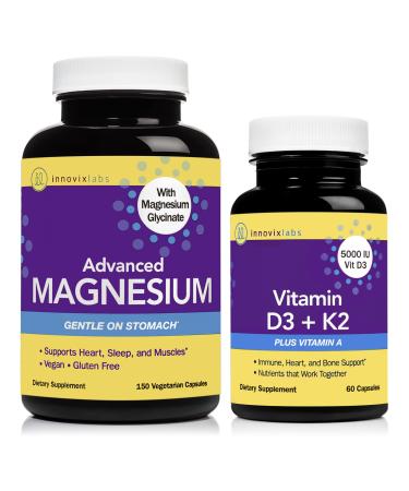 InnovixLabs Magnesium & D3 Bundle Advanced Magnesium (150 Capsules) Vitamin D3 + K2 Supplement (60 Softgels). Supports Healthy Bones Muscles and Immunity. *