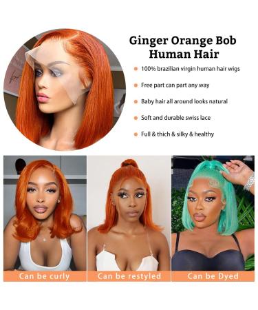 12 Inch Ginger Bob Lace Front Human Hair Wig | Brazilian Orange Short Bob | 150% Density Colored HD Lace Front Wig for Women - Buy Online on GoSupps.com