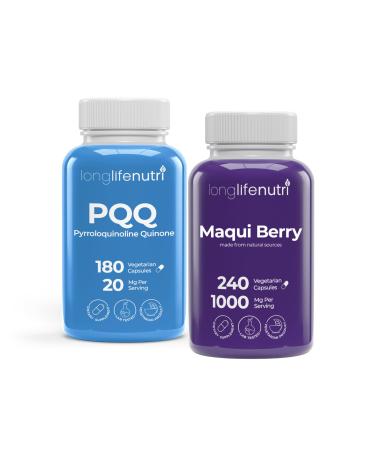 LongLifeNutri PQQ 20 mg + Maqui Berry 100 mg Bundle - 180 + 240 Vegetarian Capsules 6-4 Month Supply Mental Performance & Antioxidant Superfruit GMP Certified Made in USA
