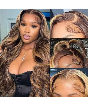24 Inch Ombre Lace Front Wig Human Hair 13x4 Honey Blonde Transparent Lace Front Wig Human Hair Pre Plucked with Baby Hair 150% Density Highlight Body Wave Lace Front wig Human Hair for Women(with Five Gifts) 24 Inch 4/2...