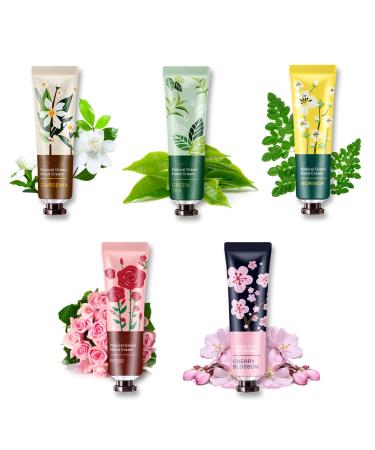 5 Pack Natural Botanical Fragrance Hand Cream Travel Gift Set for Chapped and Work Hands Moisturizing Mini Hand Lotion Travel Size for Men and Women with Natural Shea Butter and Aloe Vera - 30ml 5P Flower Series