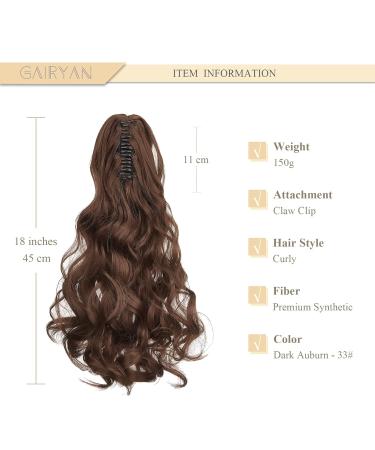 Gairyan 45cm Dark Auburn Ponytail Extensions - Claw Clip-In Braid & Curly Synthetic Hair for Women - Buy Online on GoSupps.com
