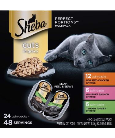 Sheba Perfect Portions Gravy Roasted Chicken, Gourmet Salmon, Tender Turkey Variety Pack Wet Cat Food 2.64 Ounce (Pack of 24)