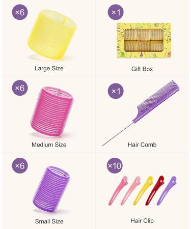 IENIN Self Grip Hair Roller Set - 29 PCS, 3 Sizes Velcro Curlers with Clips and Comb - Salon Hair Dressing Jumbo Rollers for Long, Medium, Short Hair - Multi-colored - Buy Online on GoSupps.com
