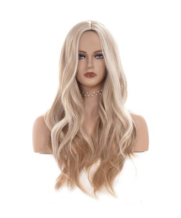 Gerulyss 26 Inches Light Blonde Mix Strawberry Blonde Wigs for Women Long Wavy Middle Part Wig Natural looking Synthetic Fluffy Hair for Cosplay Halloween Daily Use (Wavy  Platinum mix Strawberry blonde)