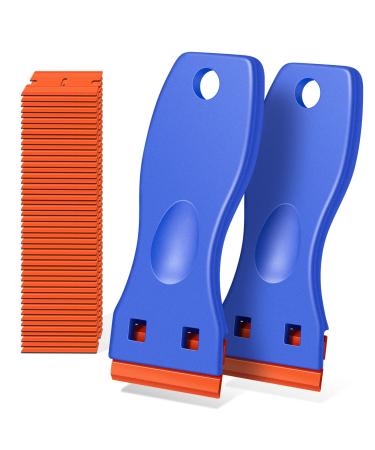 Plastic Razor Blade Scraper, 2 Pack Razor Scraper with 120 Pcs Razor Blades for Removing Glue, Sticker, Decals, Tint from Car Window and Glass(Blue) Blue-2PCS