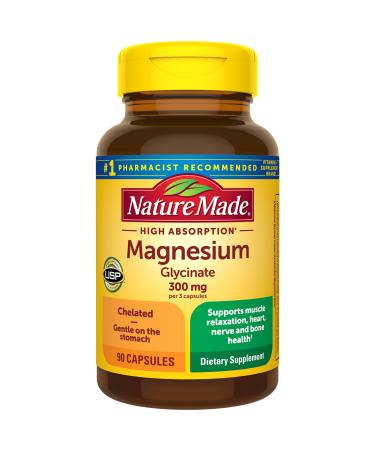 Nature Made High Absorption Magnesium Glycinate 300mg per 3 Capsules Magnesium Supplement for Muscle Heart Nerve and Bone Support 90 Magnesium Bisglycinate Capsules 30 Day Supply 90 Count (Pack of 1)