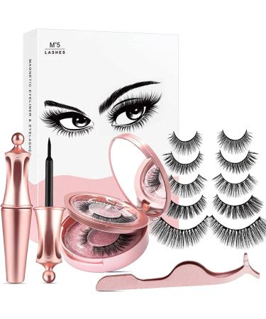 Magnetic eyelashes aikvigss 5 pairs magnet eyelashes 3D magnetic eyelashes with eyeliner magnetic eyelashes eyeliner set waterproof and reusable with tweezers