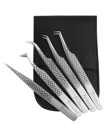 Trimmerz Lash Eyelash Tweezers Extension Tweezers Set of 5 Stainless Steel Tools Straight Curved 45 90 Degree Angled Tip Volume Tweezers Precision Lash tech Essentials (5 Silver)