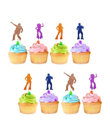 24pcs Disco Cupcake Toppers 70's Disco Cupcake Toppers Colorful Glitter Disco Dancing Cake Decoration for Men Women 70's 80's Disco Ball Music Themed Party Supplies