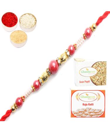 Ghasitaram Gifts Rakhi for Brother Rakhis Online-7017 Fancy Thread Rakhi with 200 GMS of Kaju katli and 200 GMS of Soan Papdi