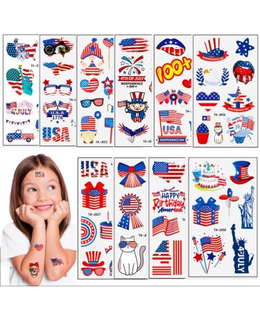 MYOKBAR Temporary Tattoo Kids  10 Sheets Waterproof Independence Day Tattoo for Kids  Boys Girls Fake Tattoos Stickers Toy Party Favors for Birthday Party  National Day  Patriotic Memorial Kids Temporary Tattoos