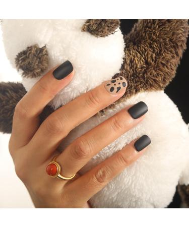 48 PCS Press On Nails Short Square Leopard Print Contrast Fake Nails ABS Natural Fit Reusable Stick On Nails in 12 Sizes-Soft Gel Fake Nails Kit Salon-quality Brown and Black Wild West Wild West - 48 pcs