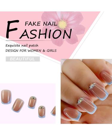24-Piece Angular Nails Set | Short Glitter French Press-On Ballerina Nails | Blue Border Square Fake Nails for Women & Girls - Buy Online on GoSupps.com