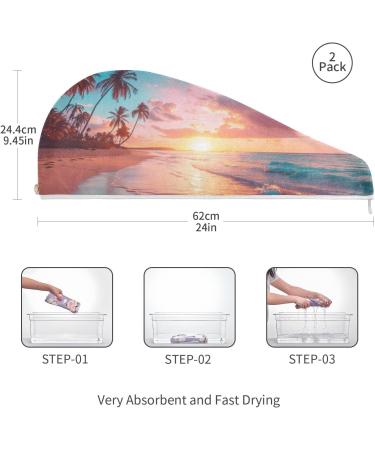 Sunset Sea Hair Towel 2 Pack - Super Absorbent Quick Dry Hair Turbans with Button Wrap for Women & Girls | International Shipping - Buy Online on GoSupps.com