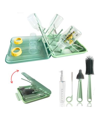 6 in 1 Baby Bottle Cleaning Brush Set : Silicone Bottle Brush Nipple Brush Straw Brush Baby Bottle Drying Rack Space Saving Soap Dispenser & Storage Box. Newborn Essentials Must Haves. Green