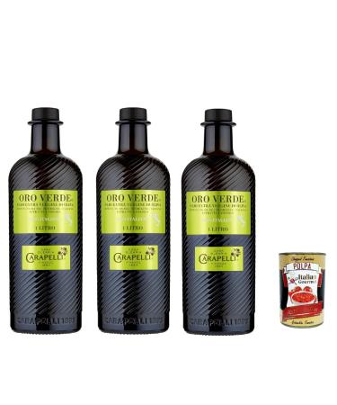 Italian Gourmet E.R. Carapelli Oro Verde Set of 3 1L bottles of Italian extra virgin olive oil + Italian Gourmet Polpa 400g