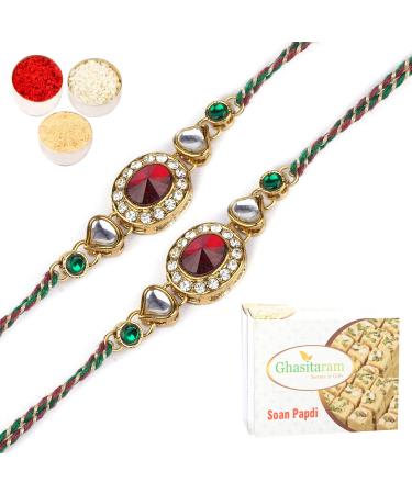 Ghasitaram Gifts Rakhi for Brother Rakhis Online - Set of 2 -J-33024 Oval Jewel Rakhi with 400 GMS of Soan Papdi