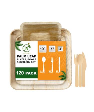 Naturelia Areca Plates Party Pack 120 Pck - Eco-Friendly Dinnerware Set- Includes Plates Bowls & Cutlery Set Each 20 Count| Perfect for Snacks Dinner Soup- Compostable and Microwave-Safe