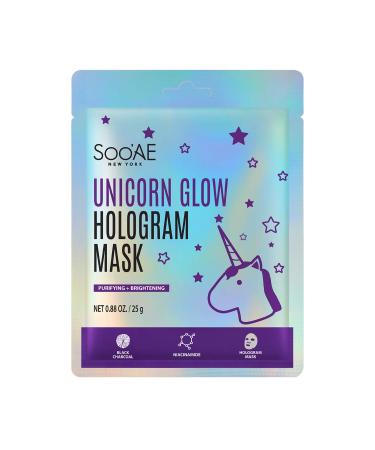 Soo'AE Unicorn Glow Hologram Mask 1 EA Clarify Brightening Hydrating Holographic Foil mask with Binchotan Activated Black charcoal Niacinamide Witch Hazel Detoxifying Soothing Mask