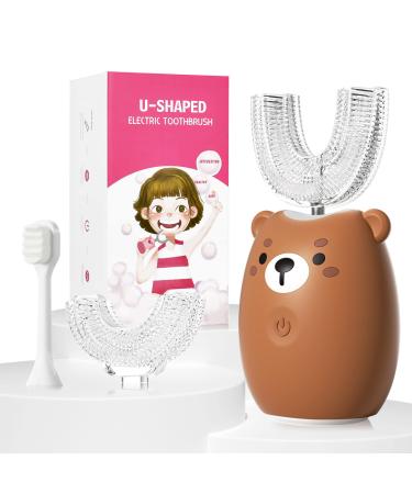 U-Shaped Rechargeable Kids Electric Toothbrush: Ultrasonic Automatic Toothbrush with 3 Brush Heads Sonic Toothbrushes for Children IPX7 Waterproof 45S Smart Reminder Cartoon Bear Design Brown Bear