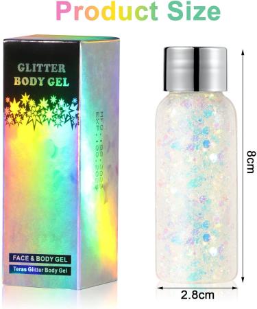 URAQT Body Glitter Gel Set - Holographic Mermaid Sequins & Chunky Cosmetic Glitter for Face, Body, Hair & Nails - Sparkling Festival Party Lotion - White, Silver & Gold - 3Pcs - Buy Online on GoSupps.com