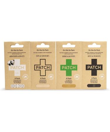 PATCH Eco-Friendly On The Go Sampler Pack Bamboo Bandages Hypoallergenic Latex Free Plastic Free Zero Waste 100% Compostable-For Sensitive Skin-Coconut Oil Activated Charcoal Aloe Vera Natural 16ct