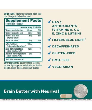 Neuriva Brain + Eye Support Capsules (30 ct) | Vitamins A C E, Zinc, Zeaxanthin, Antioxidants | Blue Light Filter, Decaf | 2-Pack, Vegetarian, Gluten & GMO Free - Buy Online on GoSupps.com