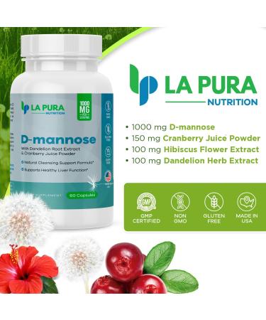 LaPura D-mannose 1000 mg Supplement with Cranberry Juice Powder, Hibiscus Flower & Dandelion Herb Extract, 60 Capsules - Natural Cleansing Support, Healthy Liver, Bladder, Urinary Tract Function 60 Count (Pack of 1) - Buy Online on GoSupps.com