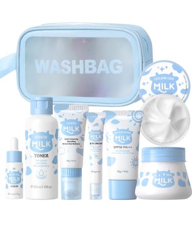 Milk Skincare Set Girls Gifts - 8Pcs Milk Skin Care Sets & Kits for Teens - Skin Care Kit for Women Kids Teenage Girls with Cleanser Toner Eye Cream Serum Sunscreen Face Cream Scrub Bag 8pcs B