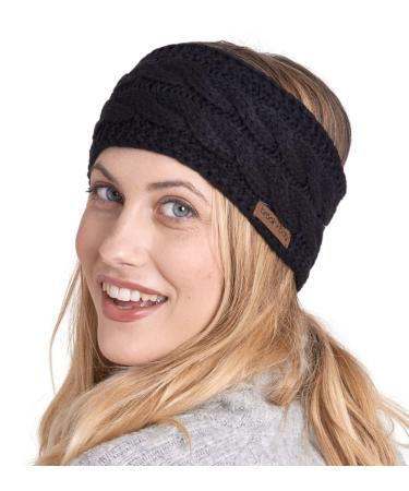Brook + Bay Womens Winter Ear Warmer Headband - Fleece Lined Cable Knit Ear Band Covers for Cold Weather - Soft & Stretchy Head Wrap Black