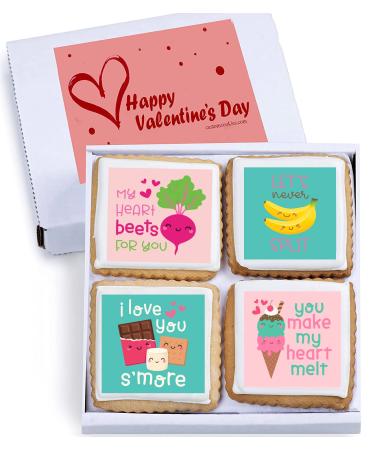 Happy Valentines Day Cookies Gift Basket, Decorated Vanilla Sugar Cookie Greeting Card, Unique Cool Food Gift Box, For Him, Her, Boy, Girl, Friend ,Spouse, Wife, Prime Delivery, 4 Count