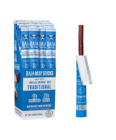 Baja Jerky All Natural Beef Sticks - Traditional, 8g of Protein, 1g Total Sugars, Gluten Free, Made in USA, Made with 100% All Natural Beef - Traditional, (Pack of 16)