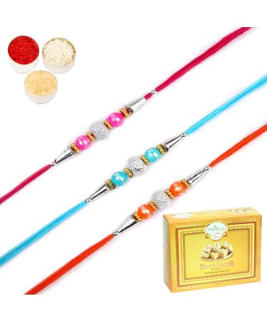 Ghasitaram Gifts Rakhi for Brother Rakhis Online - Set of 3-6194 Rakhis with 200 GMS of Soan Papdi