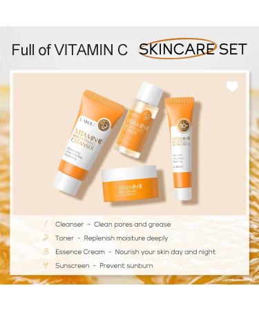 Vitamin C Travel Skincare Set | 4-Pack Face Routine Kit for Teenage Girls & Women | Cleanser Toner Face Cream Sunscreen SPF50 - Perfect Travel Essentials Gift Set - Buy Online on GoSupps.com