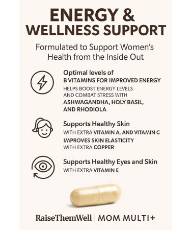 Raise Them Well Mom Multi+ Daily Multivitamin for Women with Active Folate Adaptogens & Bacopa Energy Stress & Cognitive Support 120 Veggie Capsules - Buy Online on GoSupps.com