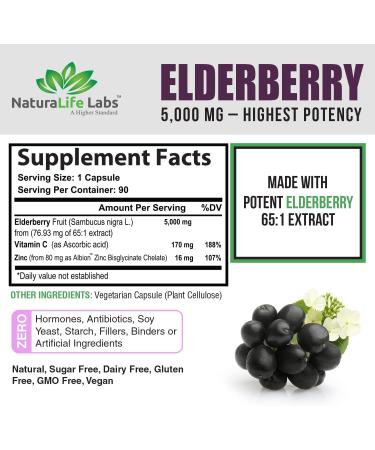 Sambucus Elderberry 5000mg Super Concentrated with Vitamin C & Zinc - Immune Support Supplement | 90 Veggie Capsules - Buy Online on GoSupps.com