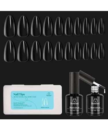 Beetles Gel Polish 2 in 1 Nail Glue and Base Gel Kit with Gel Nail Tips Kit 500Pcs Clear Full Cover Medium Almond Pre-Shaped False Nails