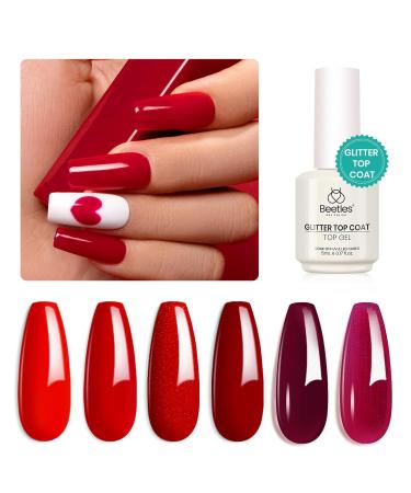 Beetles Red Gel Nail Polish Set - 6 Colors Shimmer Red & Burgundy | Top Coat Included | DIY Nail Art Home Kits | Perfect Gifts for Mom - Buy Online on GoSupps.com