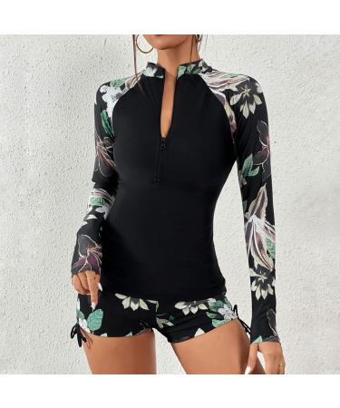 oelaio Women 2 Piece Rash Guard with Boy Shorts Bathing Suit with Chest Padded Leaves Print Zip Front Athletic Tops Two White - Buy Online on GoSupps.com