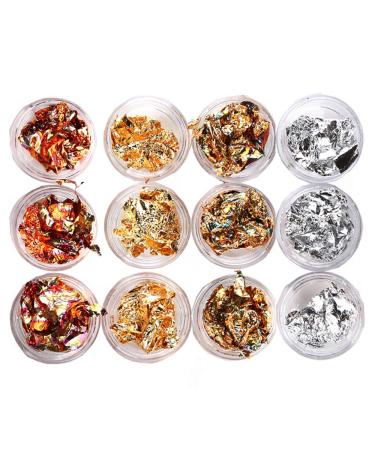 12 Boxes Foil Nail Nail Art Chip Glitter Shining Flakes Gold Silver Copper Nail Foil Paillette Nail Sequins for Nail Art Decorations Supplies
