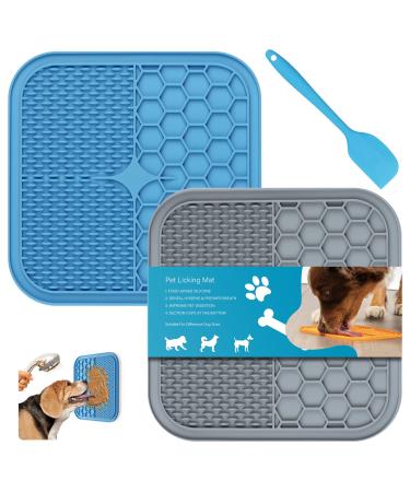 Dog Licking Mat Cat Slow Feeder,2 Pcs Lick Pad with Suction Cups,Calming Treat Mat Boredom & Anxiety Relief,Dog Puzzle Toys, Pet IQ Training Mat,Peanut Butter Bowls for Nail Trimming Bathing Grooming Grey & Blue + 1 Spatula
