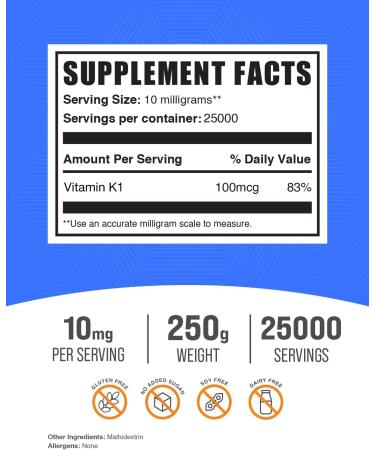 BulkSupplements Vitamin K1 Powder - 100 mcg Vitamin K Supplement for Dogs & Humans - 250 Grams - High-Quality Dry Vitamin K1 - Buy Online on GoSupps.com