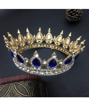 QIDIAN Fashion Bride Full Crown Princess Tiara Handmade Headband Jewelry - Gold+Blue - Buy Online on GoSupps.com
