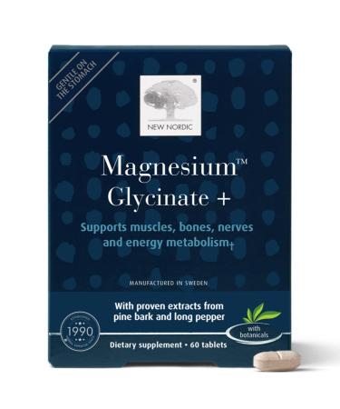 New Nordic Magnesium Glycinate 220 mg Maximum Absorption Tablets with Pine Bark & Long Pepper Gentle on Stomach for Women & Men 30 Servings