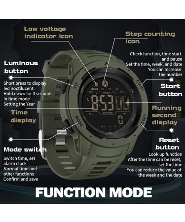 Findtime Men's Digital Pedometer Watch | 5ATM Waterproof Sports Stopwatch with Countdown Alarm | Green Military Tactical Design - Buy Online on GoSupps.com