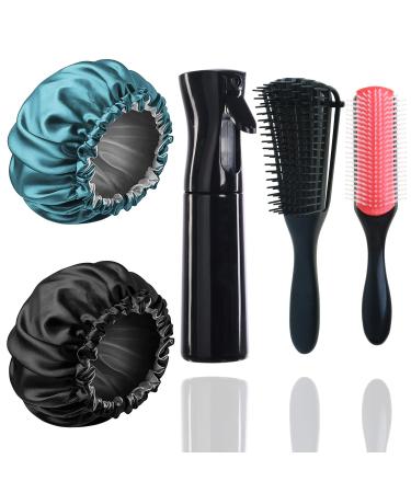Hair Spray Bottle Set, with 9-Row Cushion Nylon Bristle Brush +Detangling Brush Continuous Spray Bottle Water Sprayer for Hairstyling Black+Black,Hole Blue