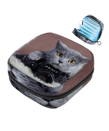 Menstrual Pad Bag with Zipper Ladies Napkin Pouch Tampons Collection Bag for Women and Girls (Gray Cat)